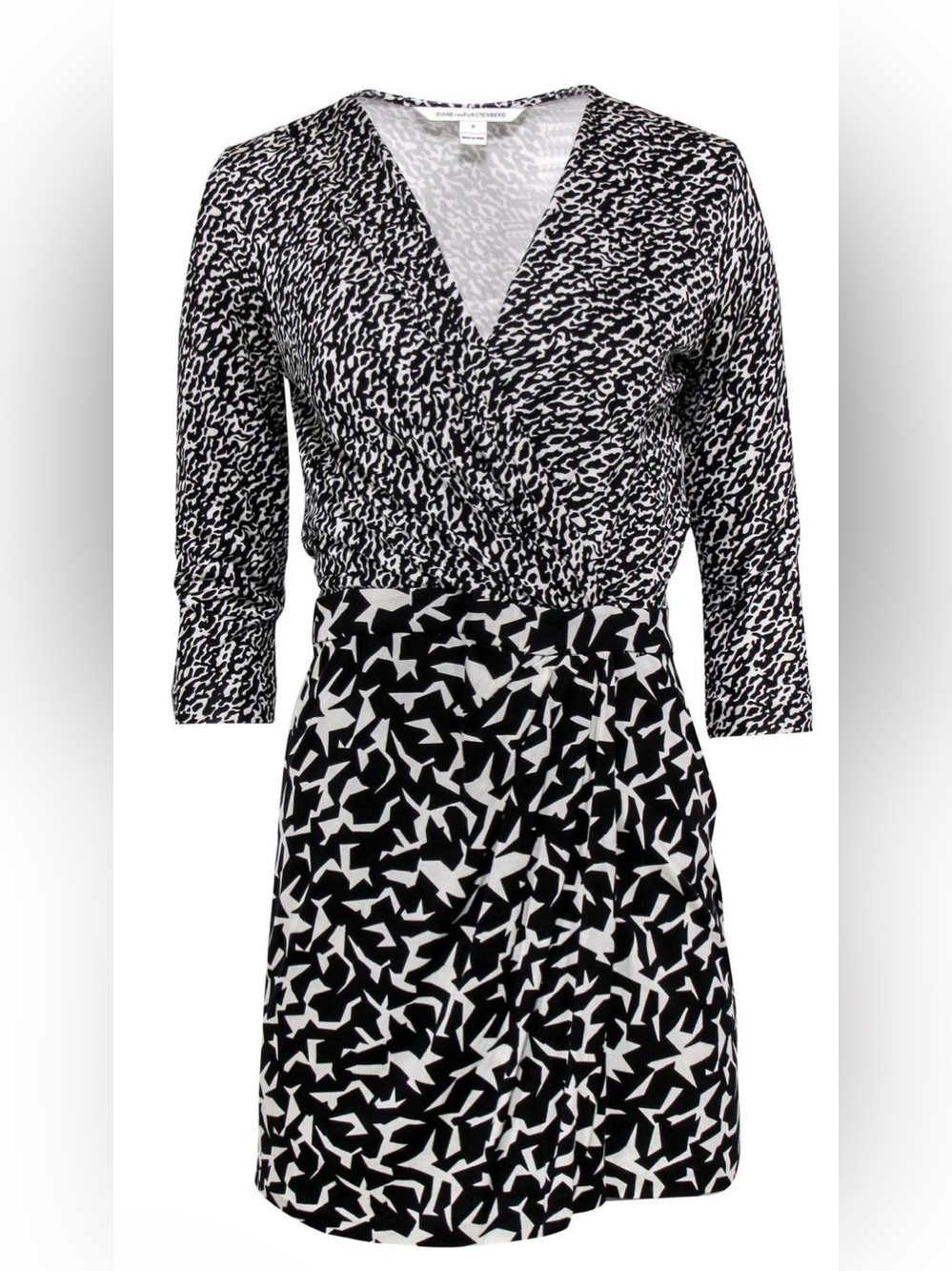 Diane Von Furstenburg Black & White Printed Silk Jersey Wrap Dress 10